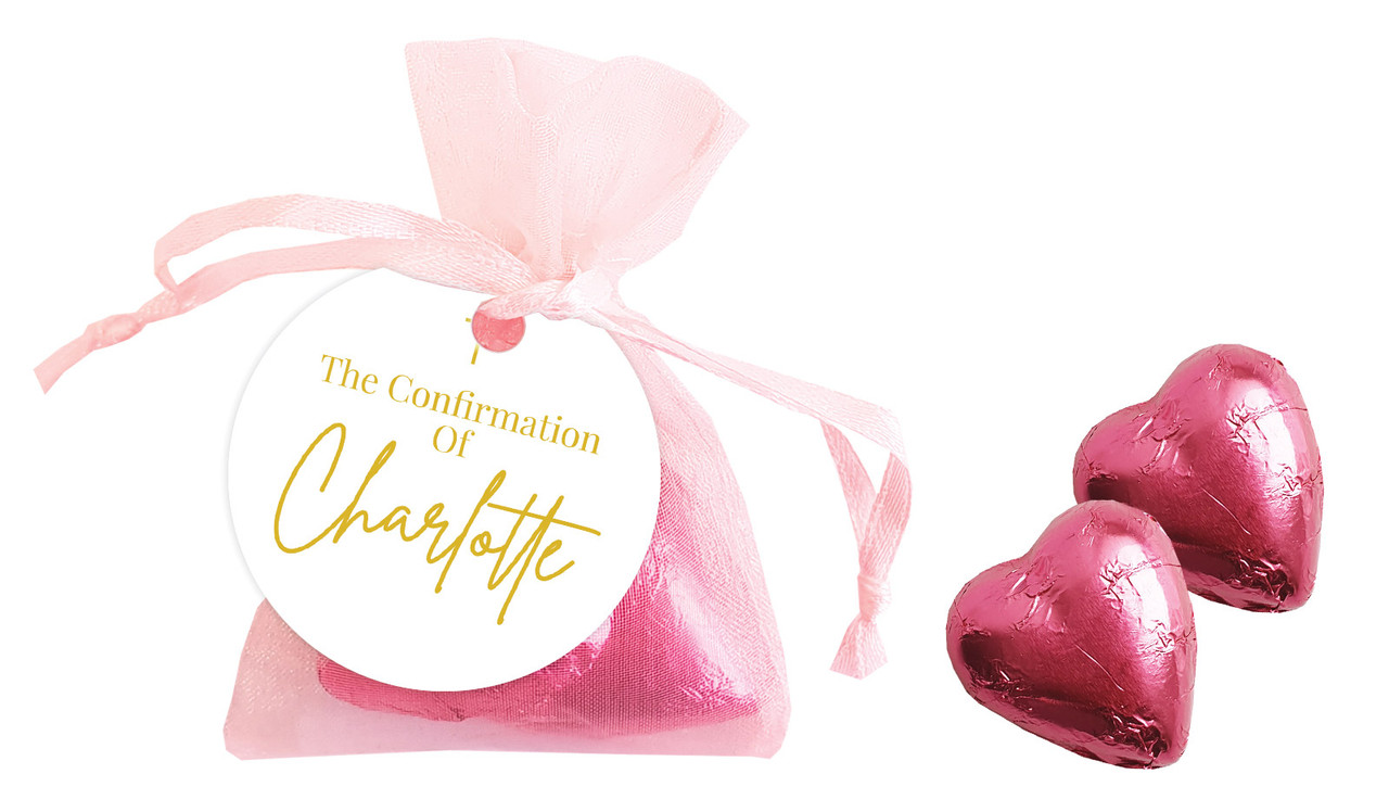 Modern White and Gold Confirmation Personalised Organza Bag In Pink