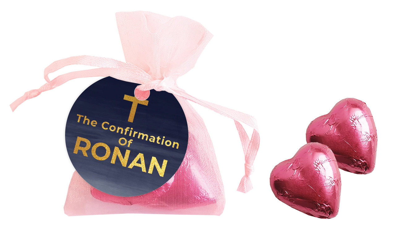 Navy Blue Watercolour Confirmation Personalised Organza Bag In Pink