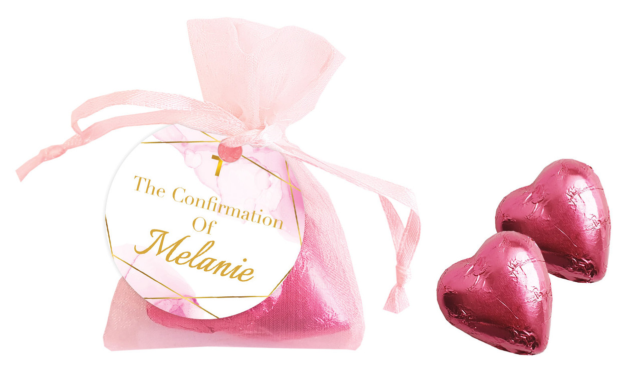 Pink Watercolour with Gold Confirmation Personalised Organza Bag In Pink
