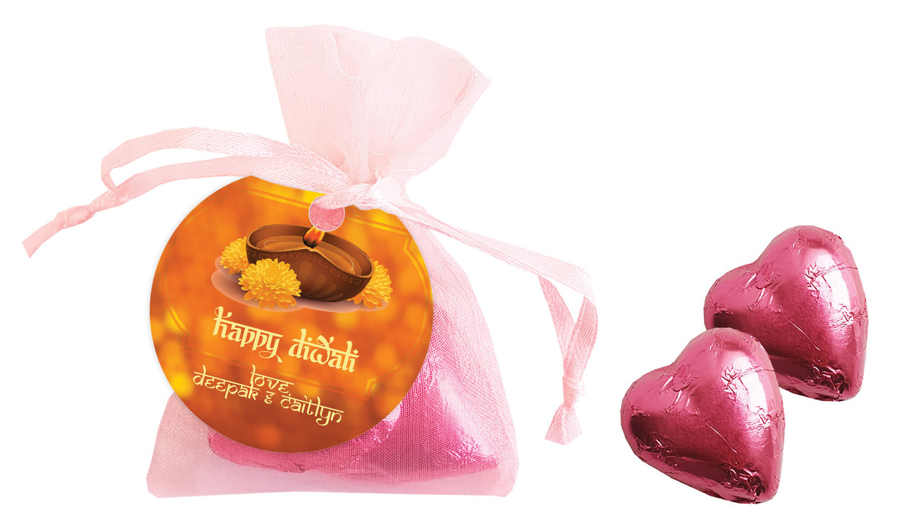 Bokeh Candle Diwali Personalised Organza Bag In Pink