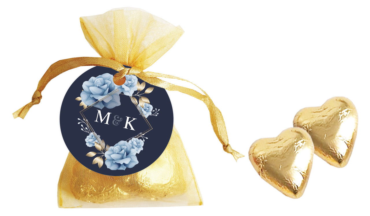 Flowers On Navy Engagement Personalised Organza Bag In Gold