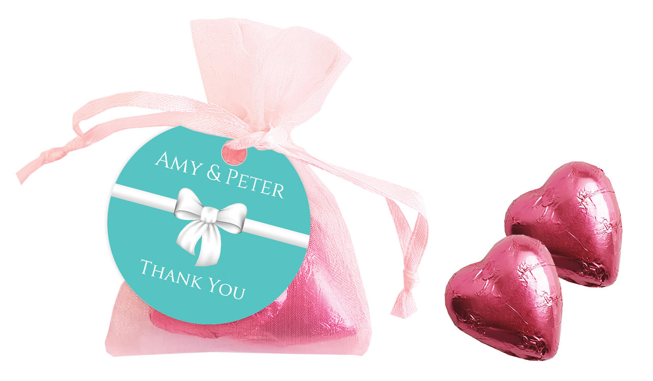 Turquoise Blue Bow Engagement Personalised Organza Bag In Pink