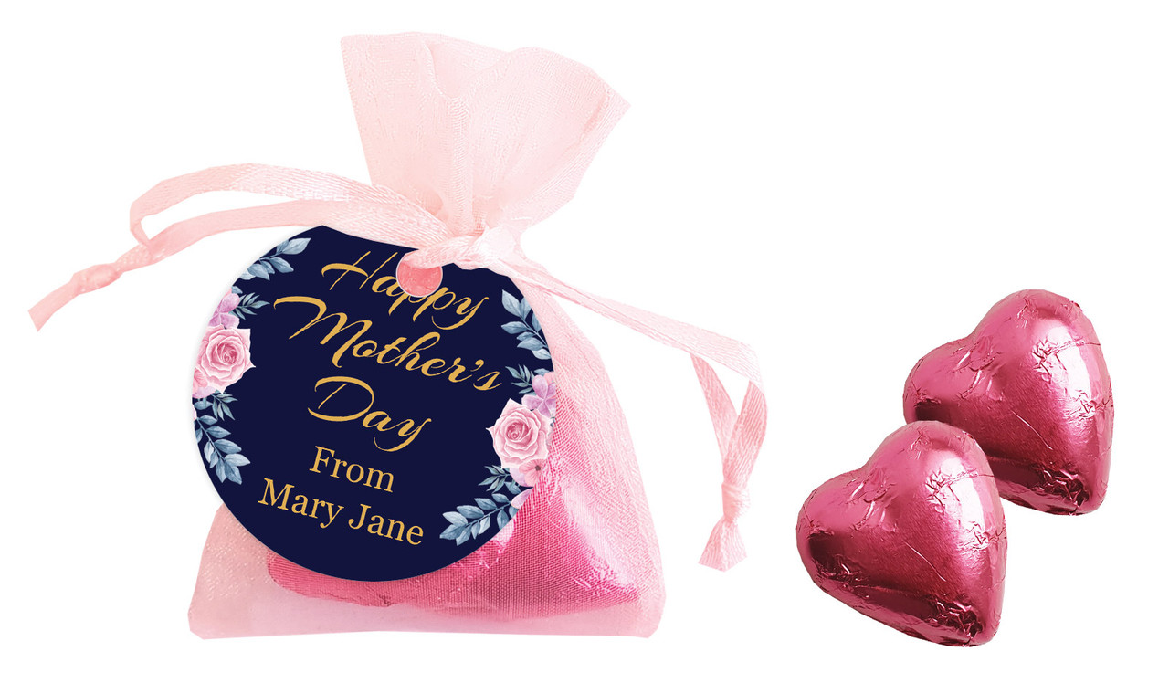 Pink Roses On Navy Mothers Day Personalised Organza Bag In Pink