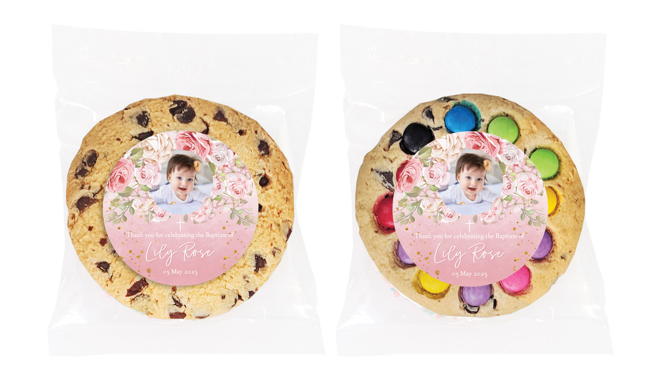 Pink Roses Christening Personalised Cookie