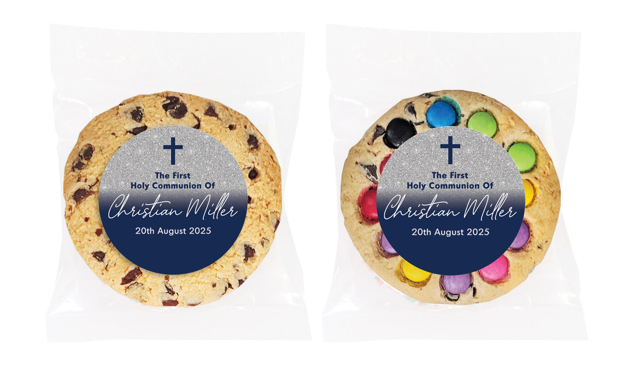 Blue and Silver glitter Communion Personalised Cookie