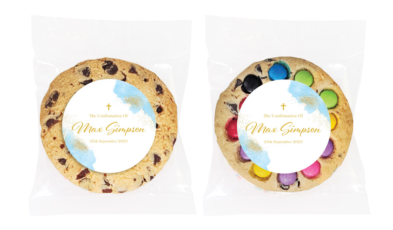 Gold Sparkle on Blue Confirmation Personalised Cookie