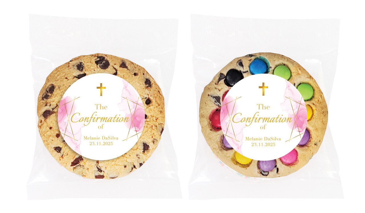 Pink Watercolour with Gold Confirmation Personalised Cookie