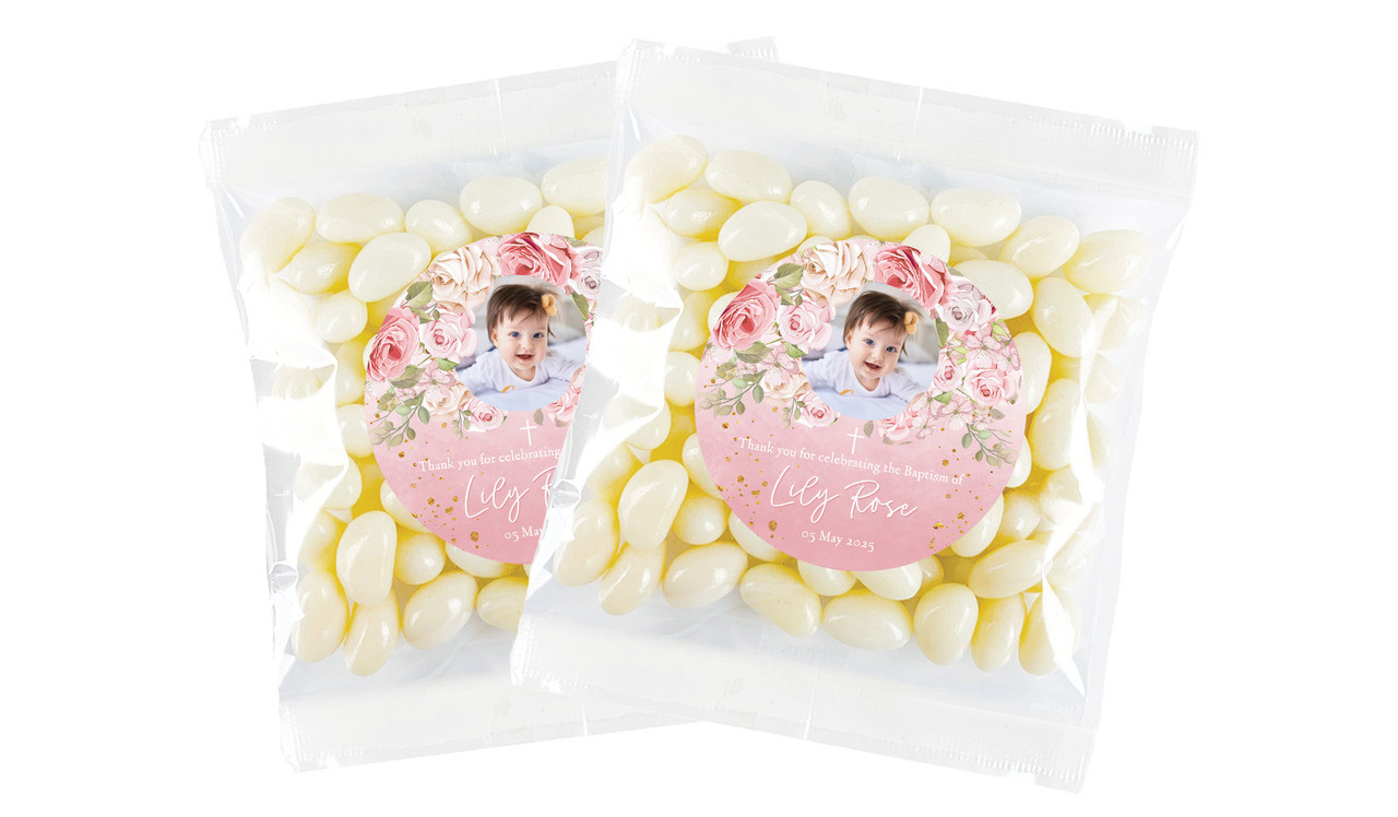 Pink Roses Christening Personalised Lolly Bag