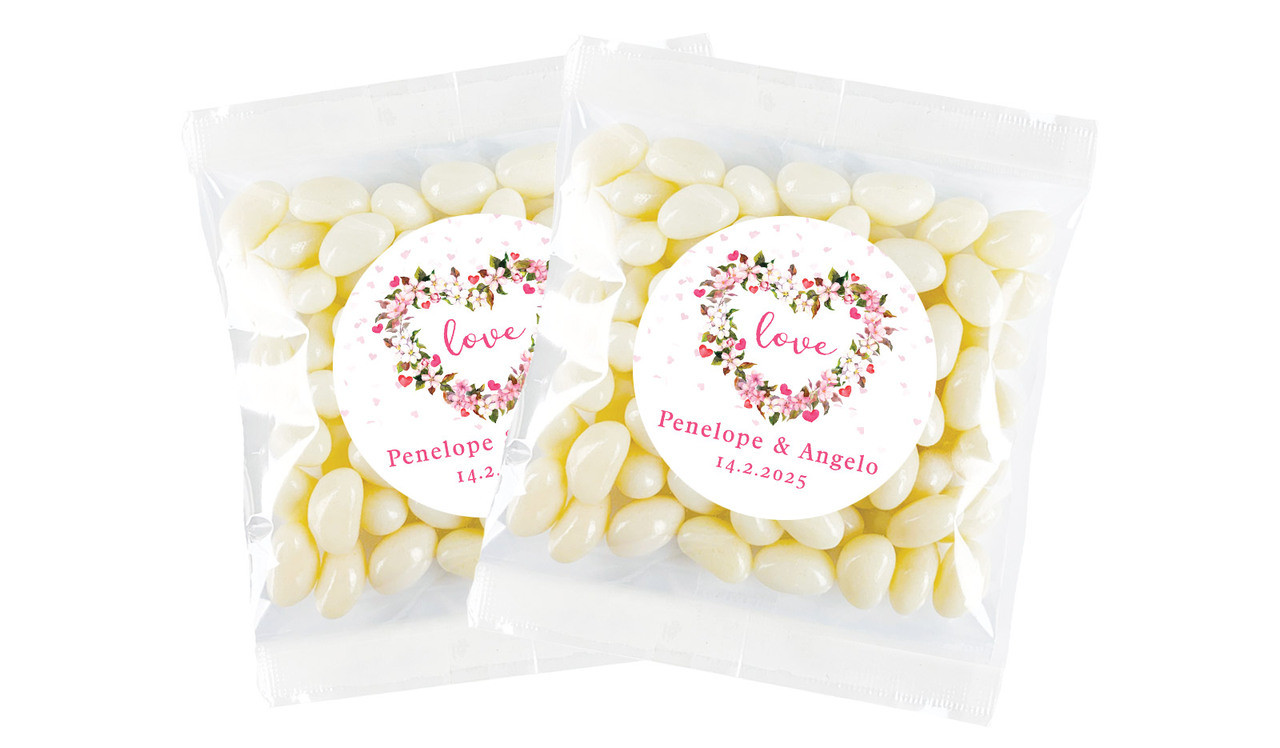 Heart Shaped Floral Personalised Jelly Bean Bag Favour