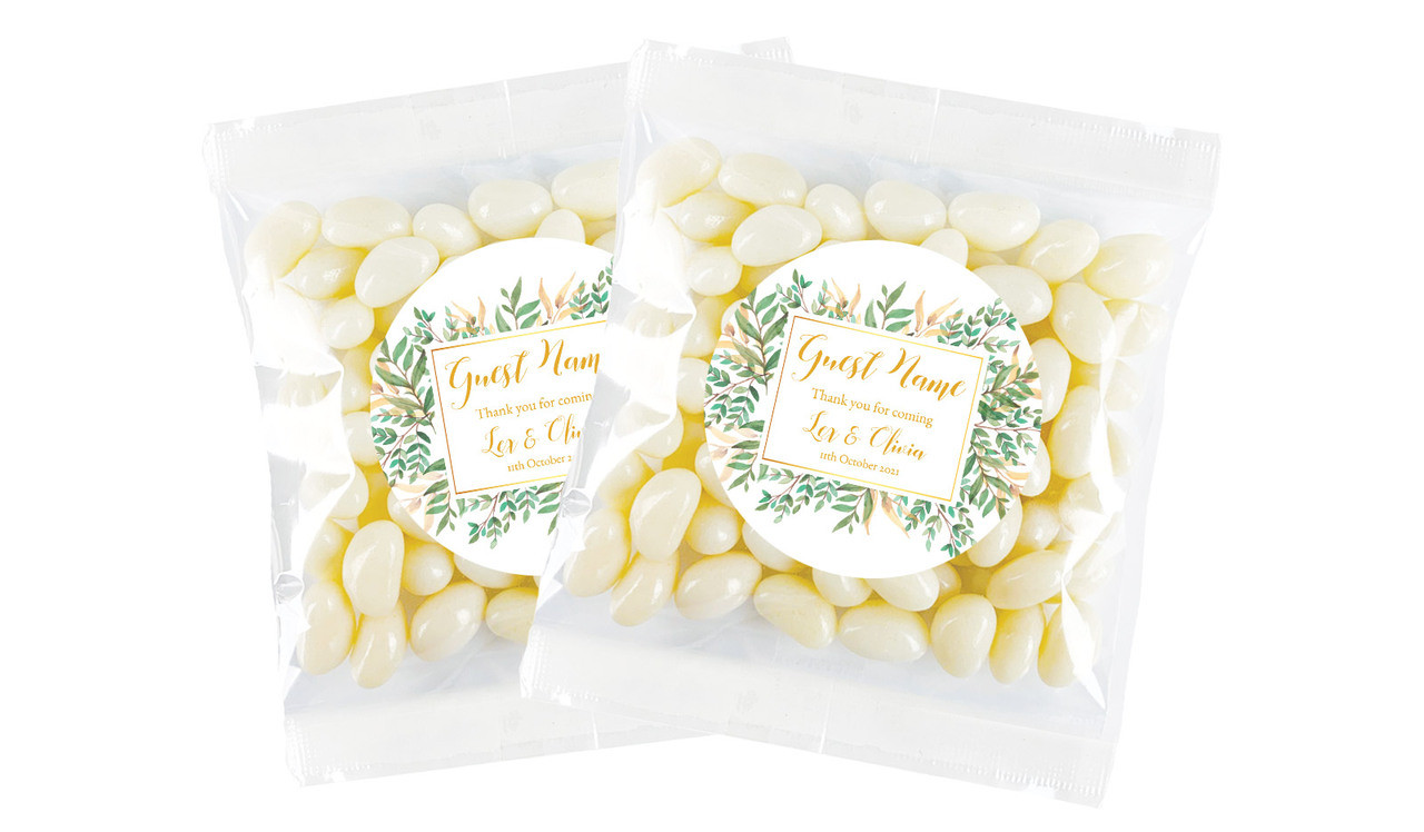 Leaves On Gold Personalised Jelly Bean Bag Favour