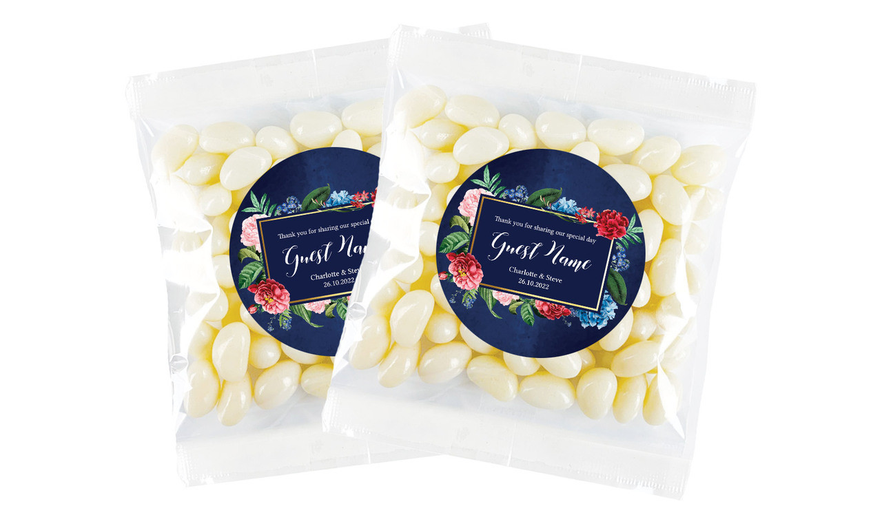 Floral Frame On Navy Personalised Jelly Bean Bag Favour