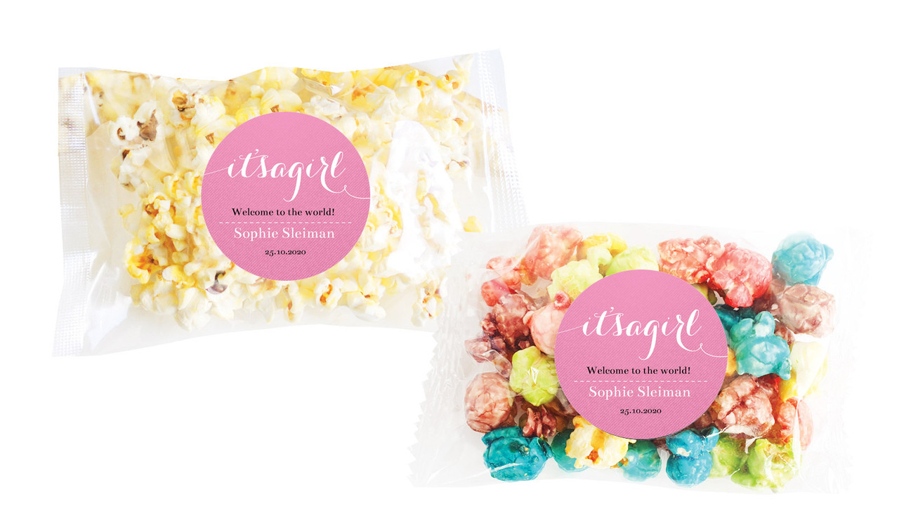 Flowing Words Girls Birth Announcement Personalised Popcorn Bag