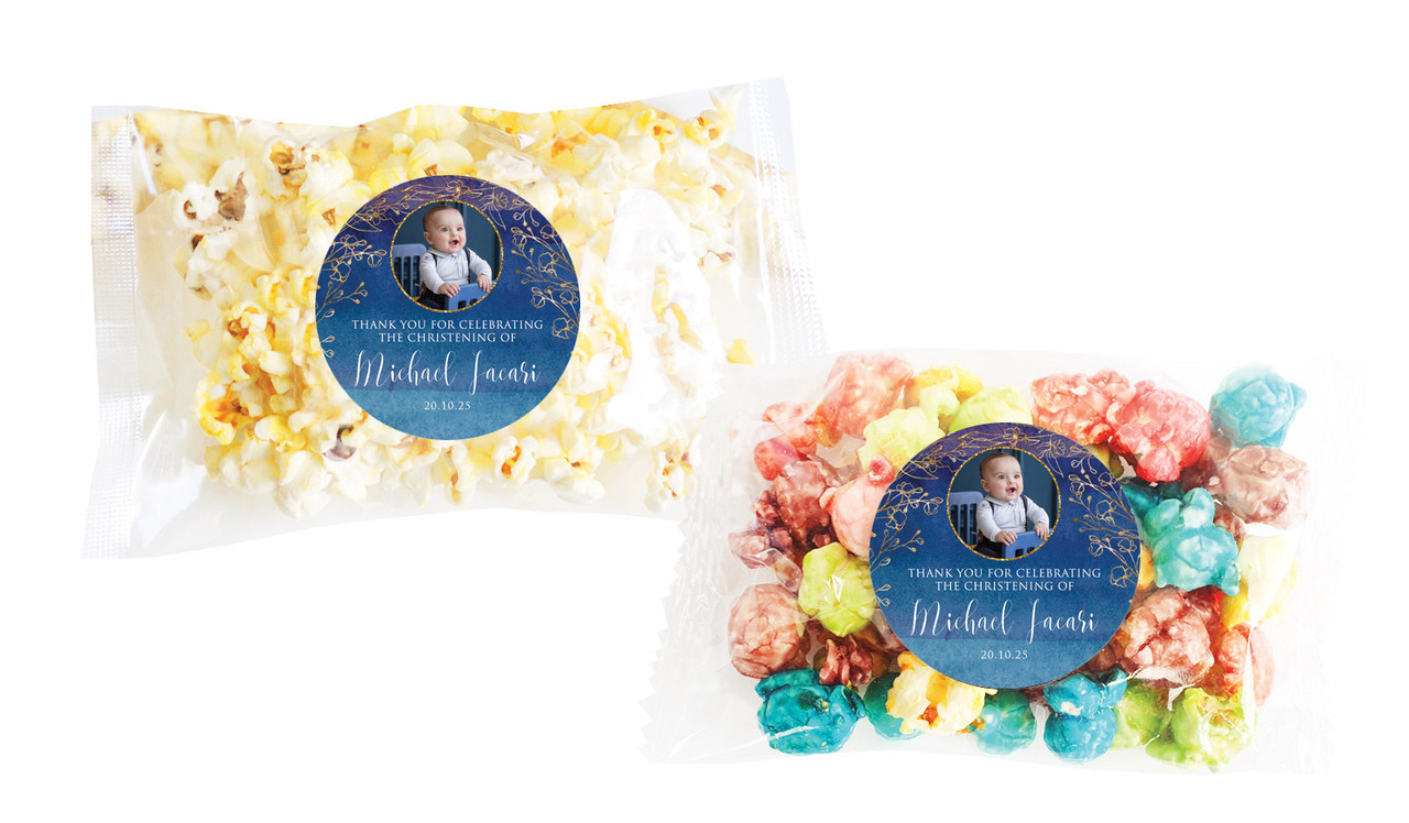 Navy Gold Photo Christening Personalised Popcorn Bag