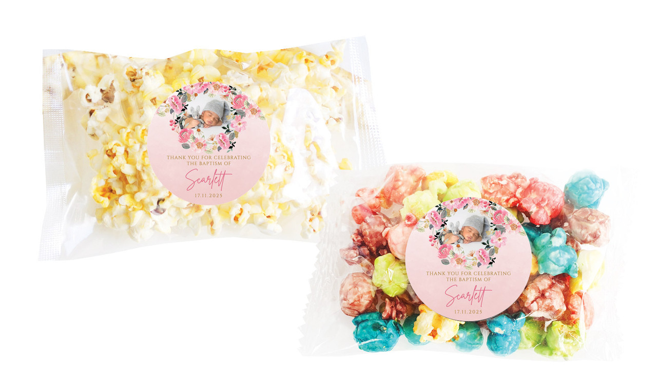 Photo On Floral Frame Christening Personalised Popcorn Bag