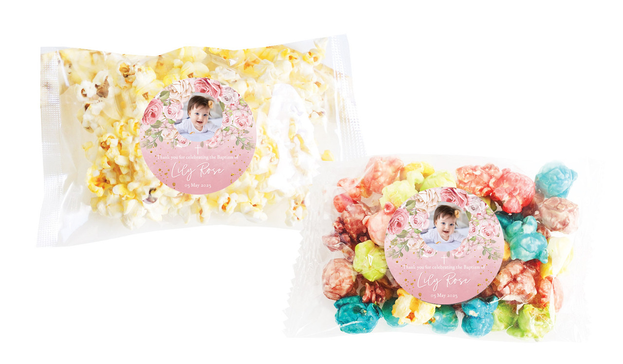Pink Roses Christening Personalised Popcorn Bag