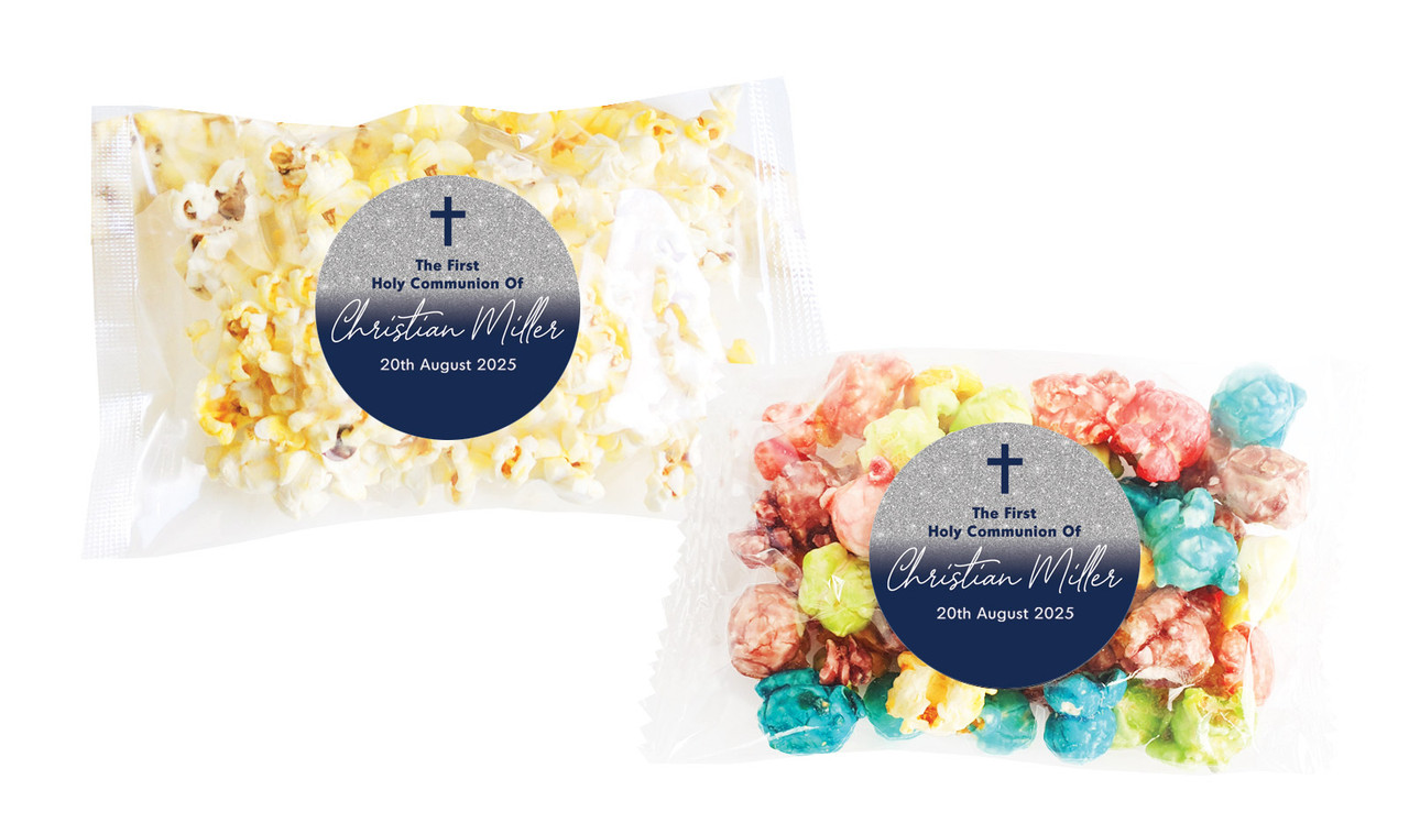 Blue and Silver glitter Communion Personalised Popcorn Bag