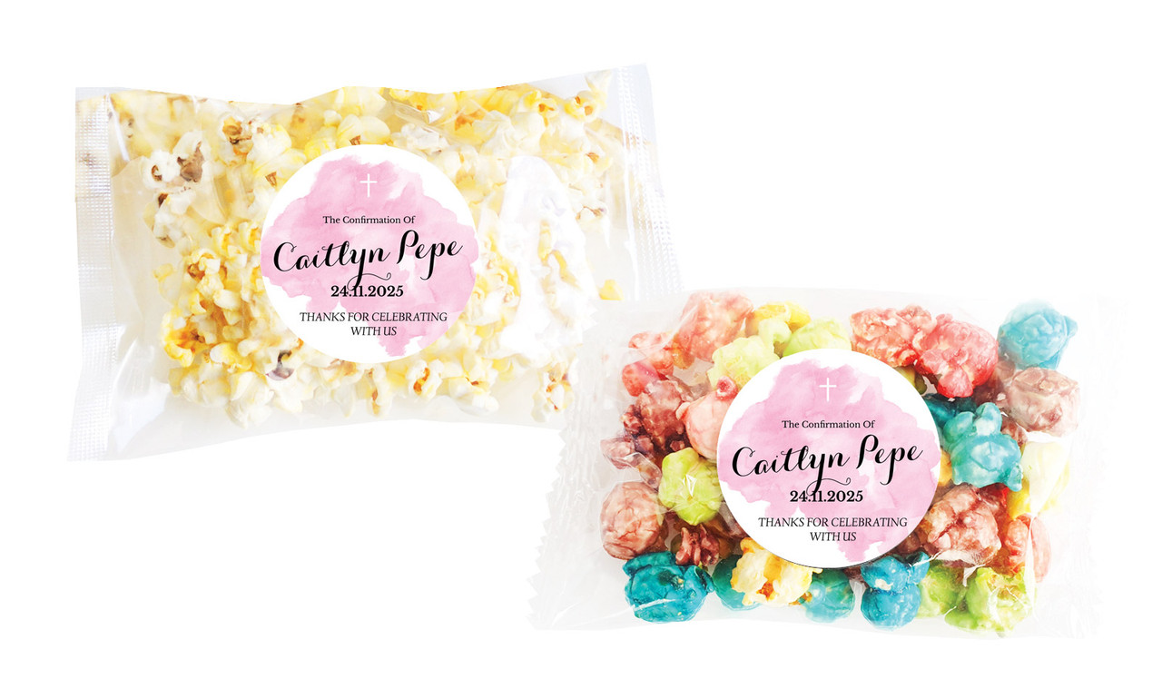 A Splash Of Watercolour Pink Confirmation Personalised Popcorn Bag