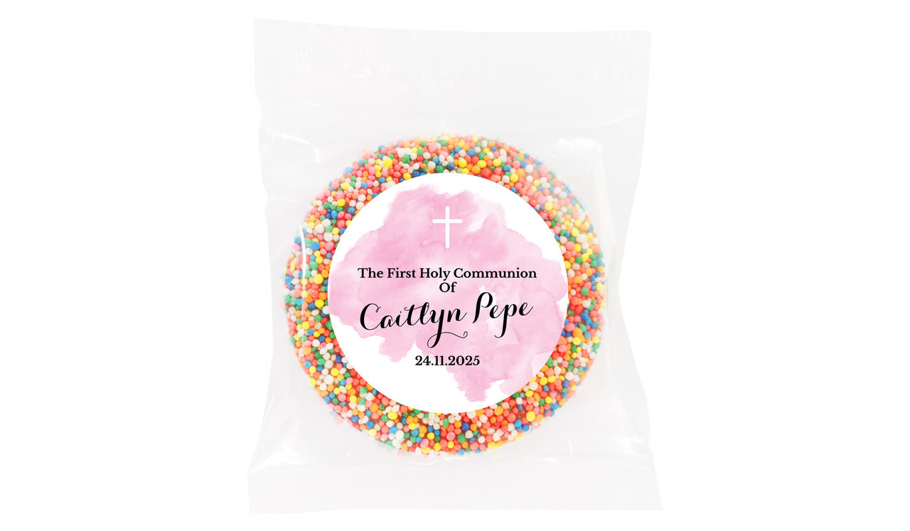 A Splash Of Watercolour Pink Communion Personalised Giant Freckle