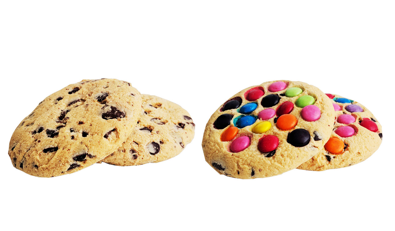 Perspective view of our choc chip and smartie cookies