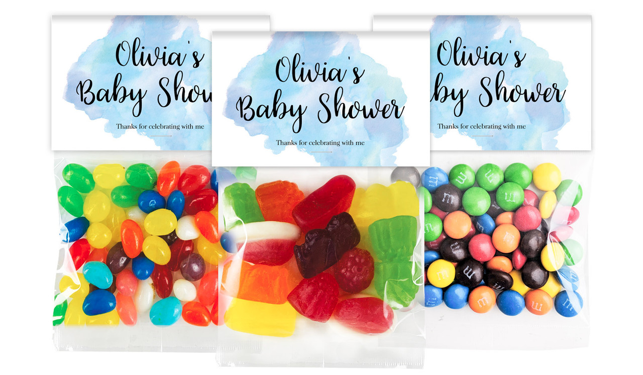 A Splash Of Watercolour Blue Baby Shower Personalised Lolly Bag With Topper