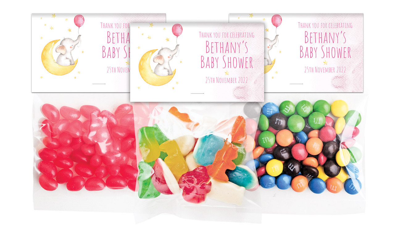 Elephant Moon Pink Baby Shower Personalised Lolly Bag With Topper