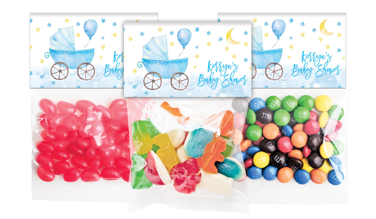 Pram Blue Baby Shower Personalised Lolly Bag With Topper