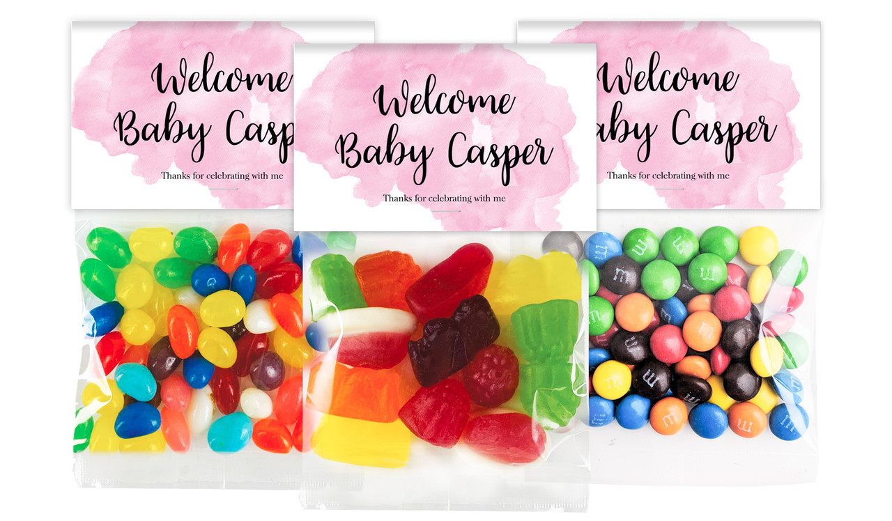 A Splash Of Watercolour Pink Birth Announcement Personalised Lolly Bag With Topper
