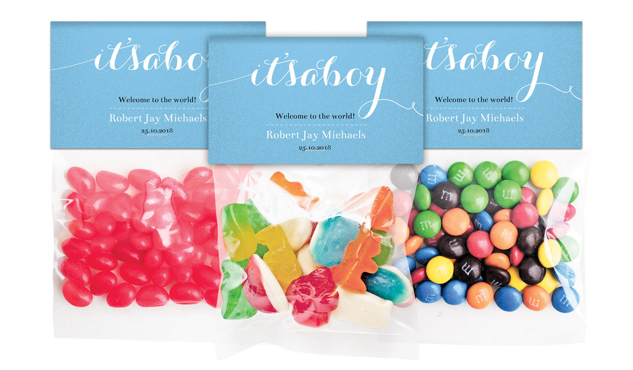 Flowing Words Boys Birth Announcement Personalised Lolly Bag With Topper