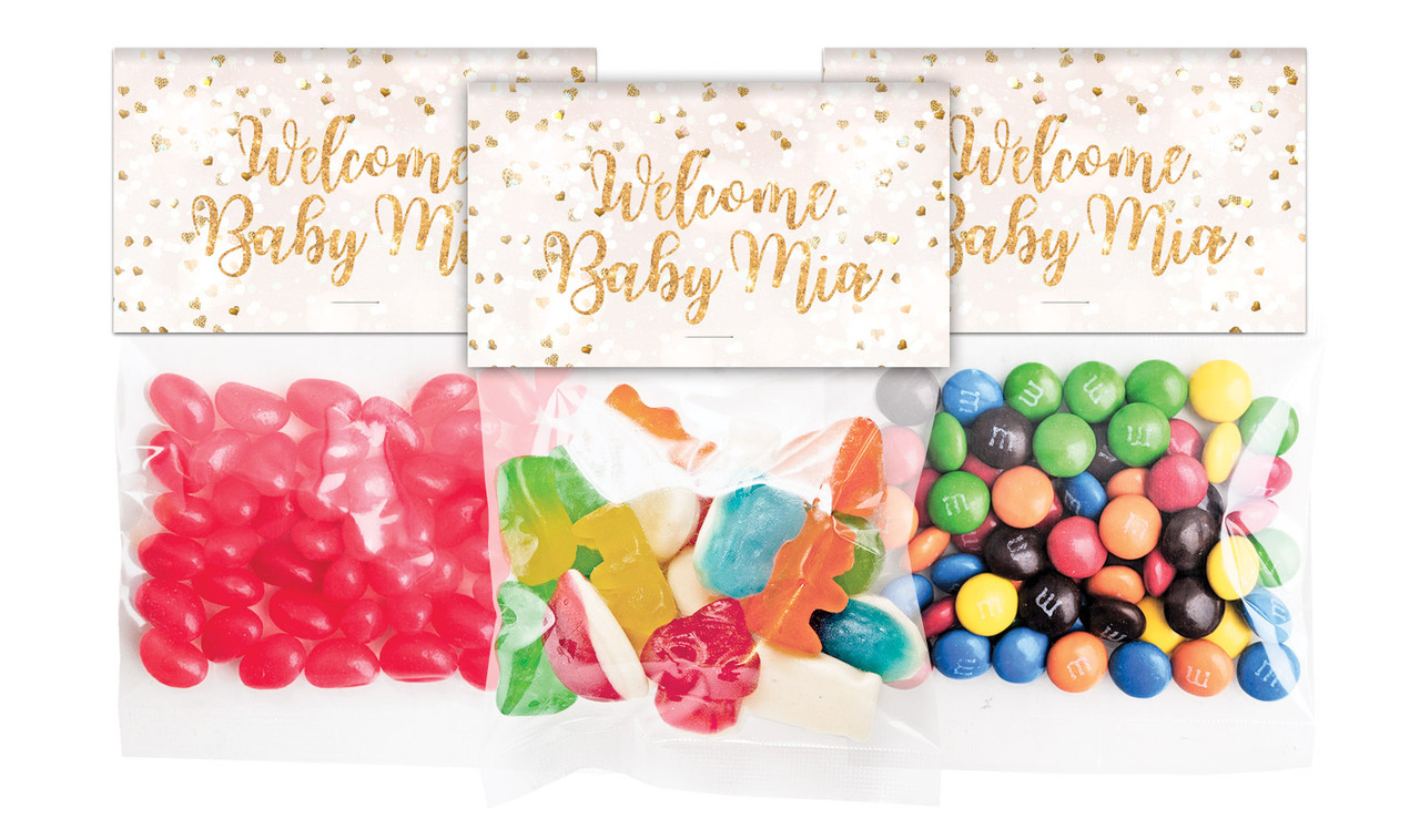 Heart Confetti Birth Announcement Personalised Lolly Bag With Topper