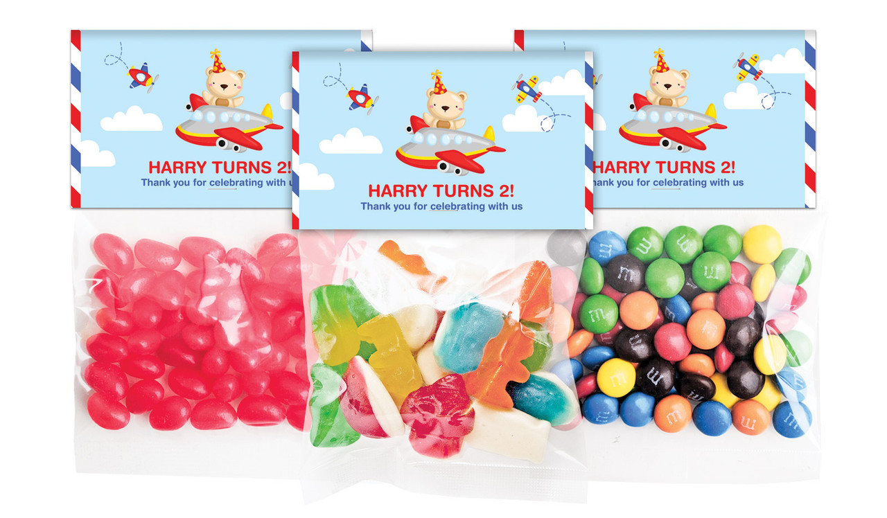 Bear Air Plane Birthday Personalised Lolly Bag With Topper