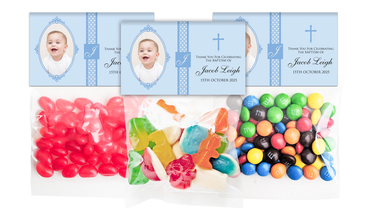 Initial Blue Christening Personalised Lolly Bag With Topper