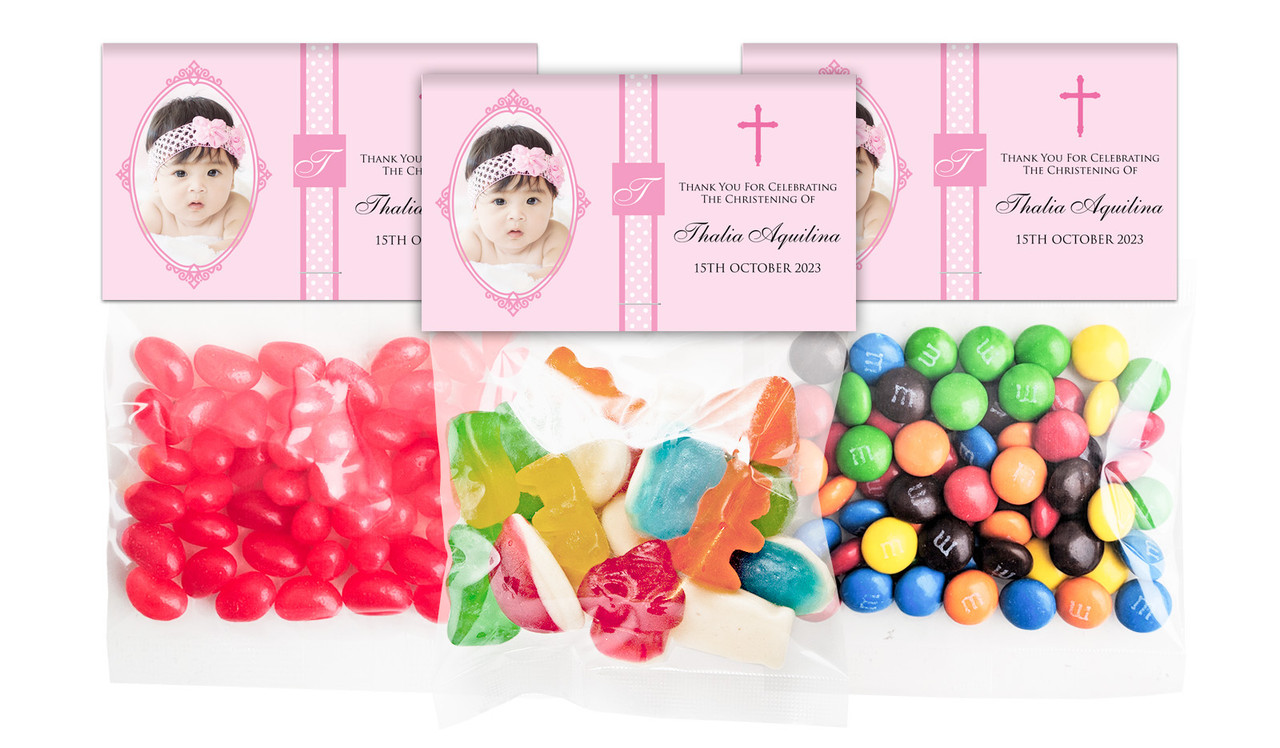 Initial Pink Christening Personalised Lolly Bag With Topper