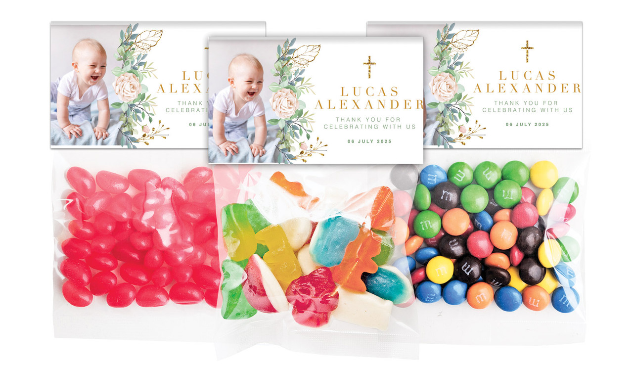 Leaves Photo Christening Personalised Lolly Bag With Topper