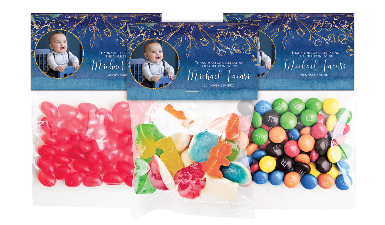 Navy Gold Photo Christening Personalised Lolly Bag With Topper
