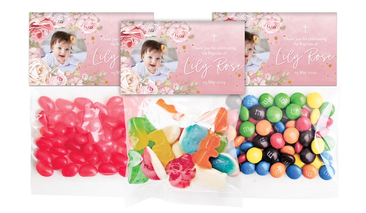 Pink Roses Christening Personalised Lolly Bag With Topper