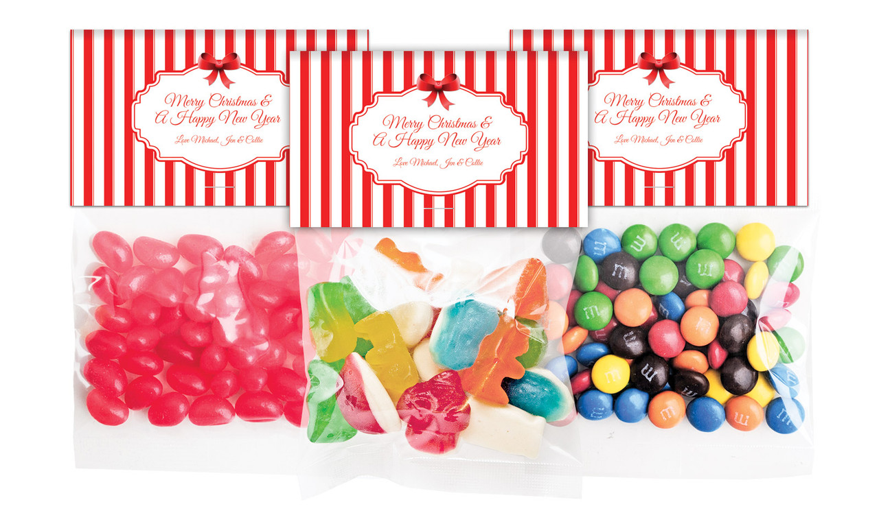 Stripes In Red Christmas Personalised Lolly Bag With Topper
