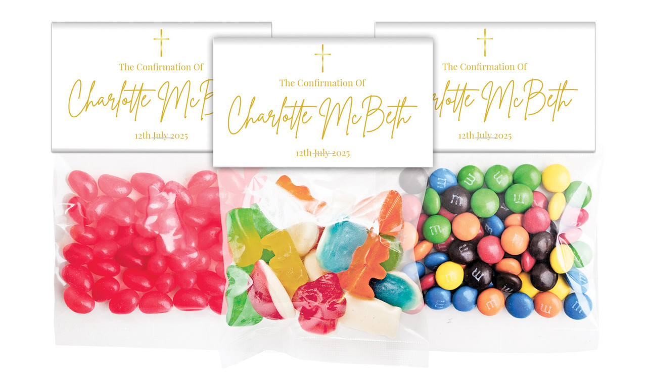 Modern White and Gold Confirmation Personalised Lolly Bag With Topper