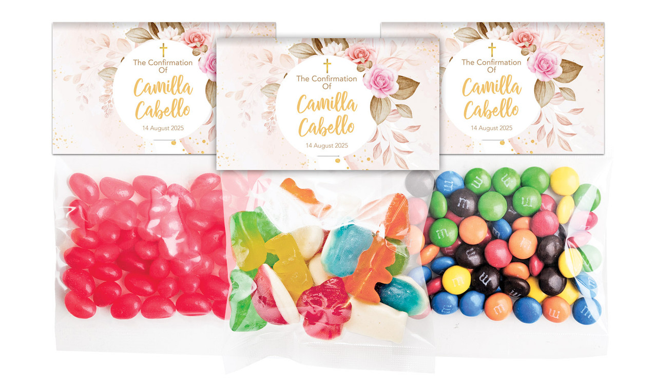 Pretty Roses Confirmation Personalised Lolly Bag With Topper