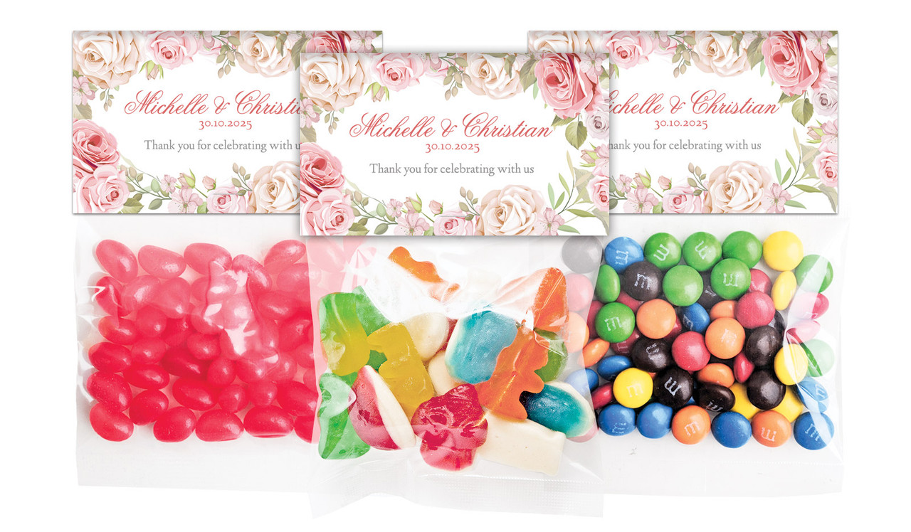 Classic Rose Border Wedding Personalised Lolly Bag With Topper