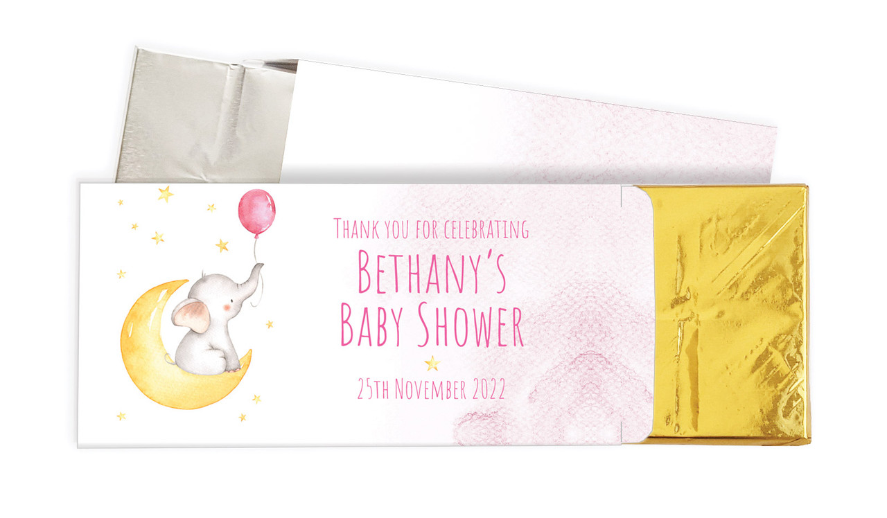 Elephant Moon Pink Baby Shower Personalised Chocolate Bar In A Box