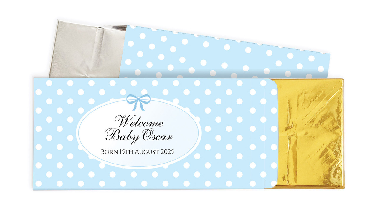 Polkadot Blue Birth Announcement Personalised Chocolate Bar In A Box