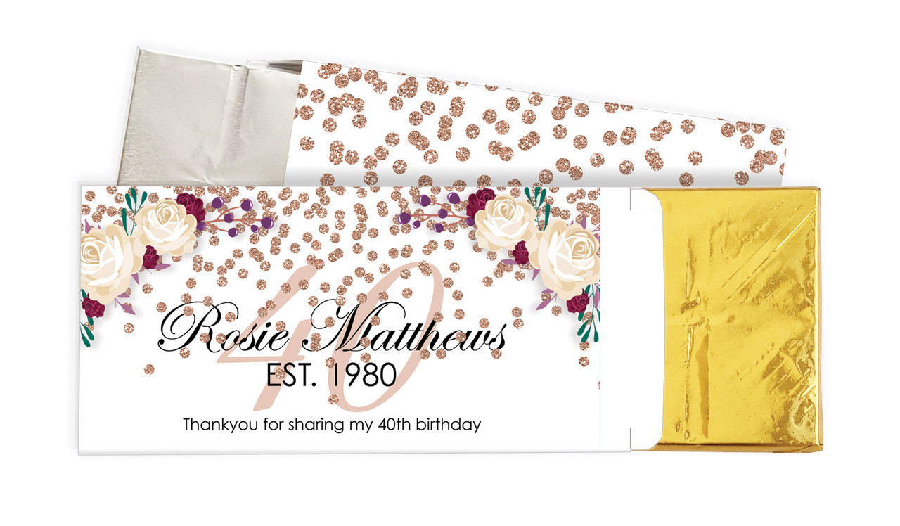40th Rose Gold Confetti Personalised Chocolate Bar In A Box