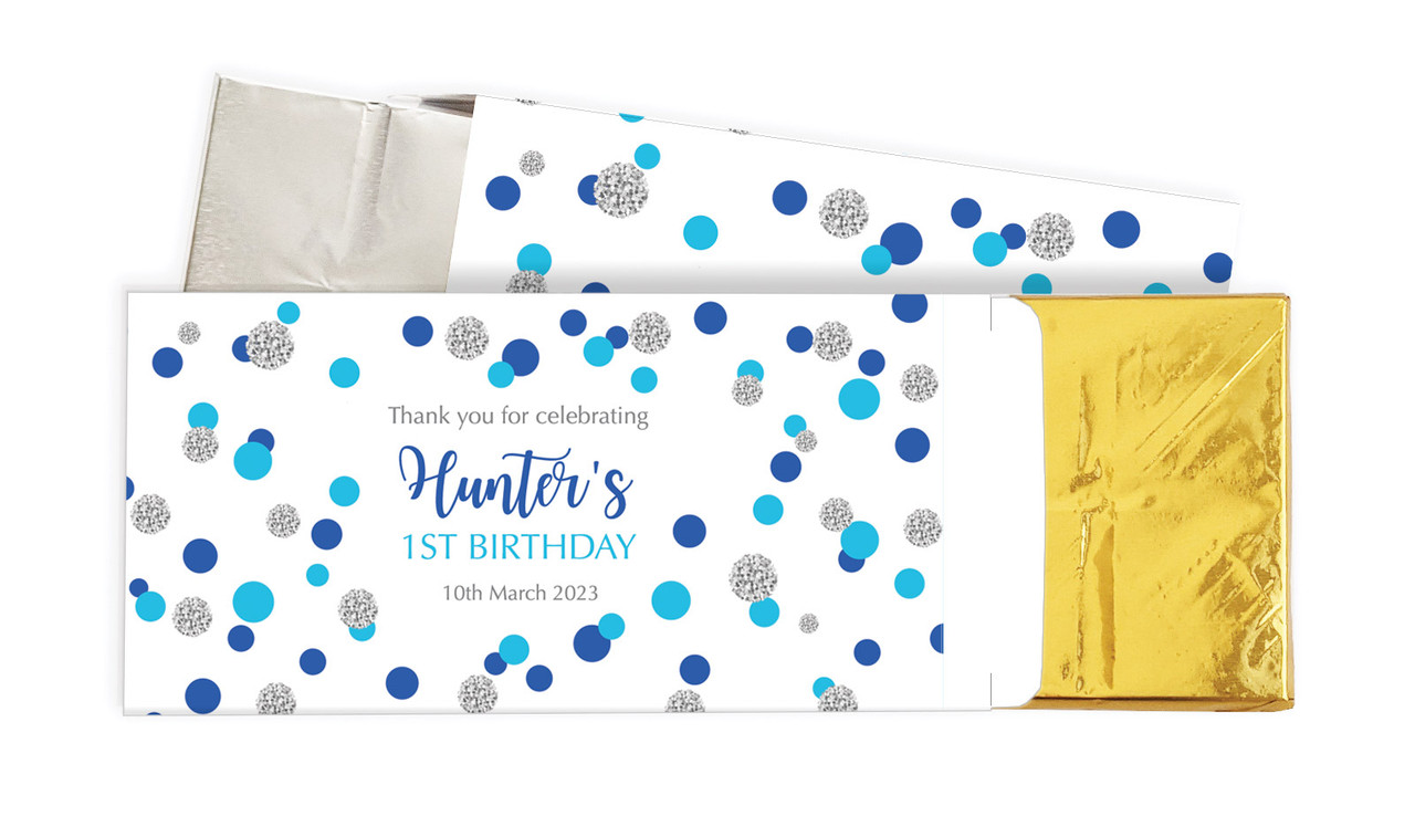 Confetti Blue And Silver Birthday Personalised Chocolate Bar In A Box