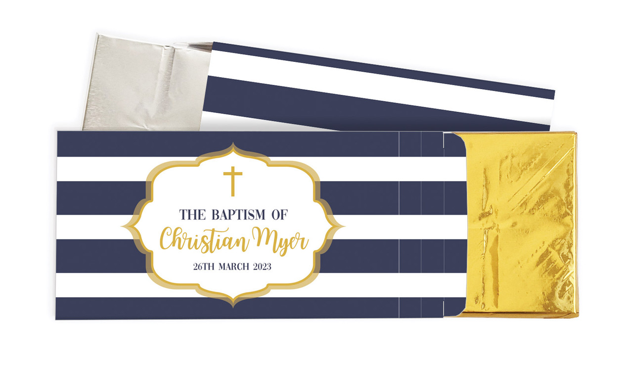 Bold Stripe And Gold Christening Personalised Chocolate Bar In A Box