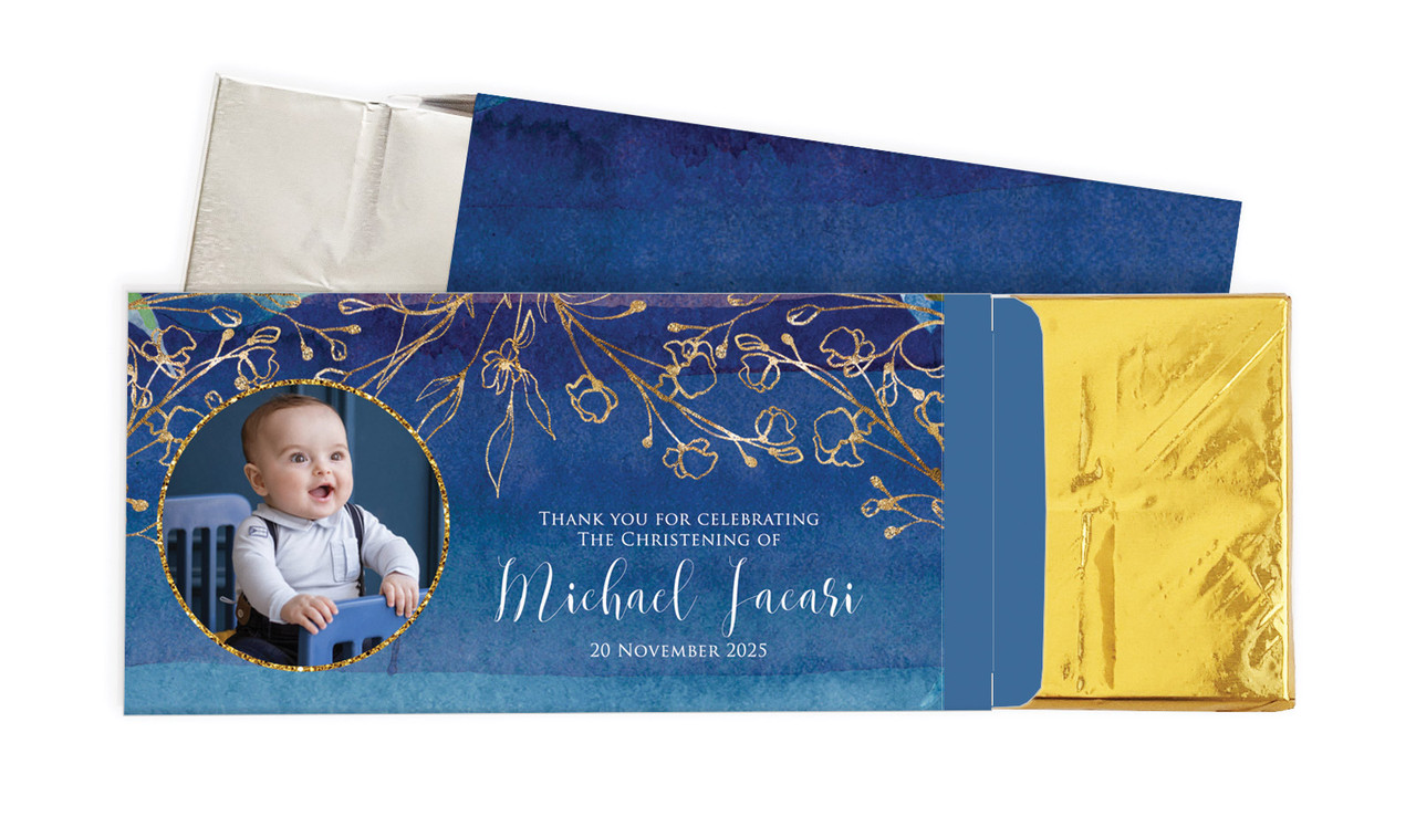 Navy Gold Photo Christening Personalised Chocolate Bar In A Box