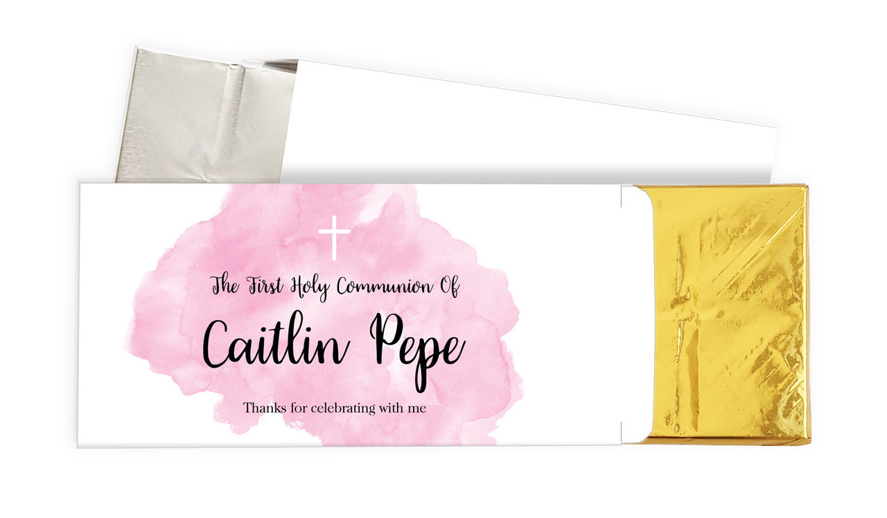 A Splash Of Watercolour Pink Communion Personalised Chocolate Bar In A Box