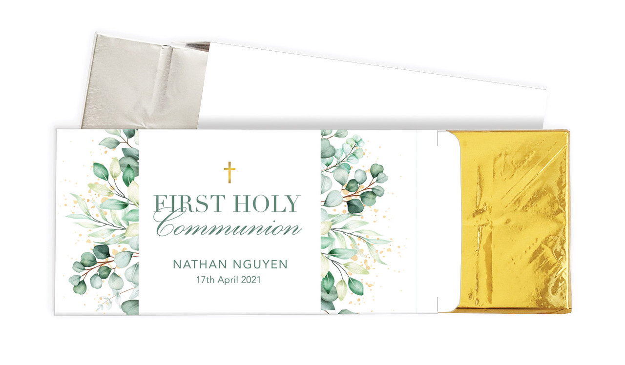 Eucalyptus Watercolour Communion Personalised Chocolate Bar In A Box