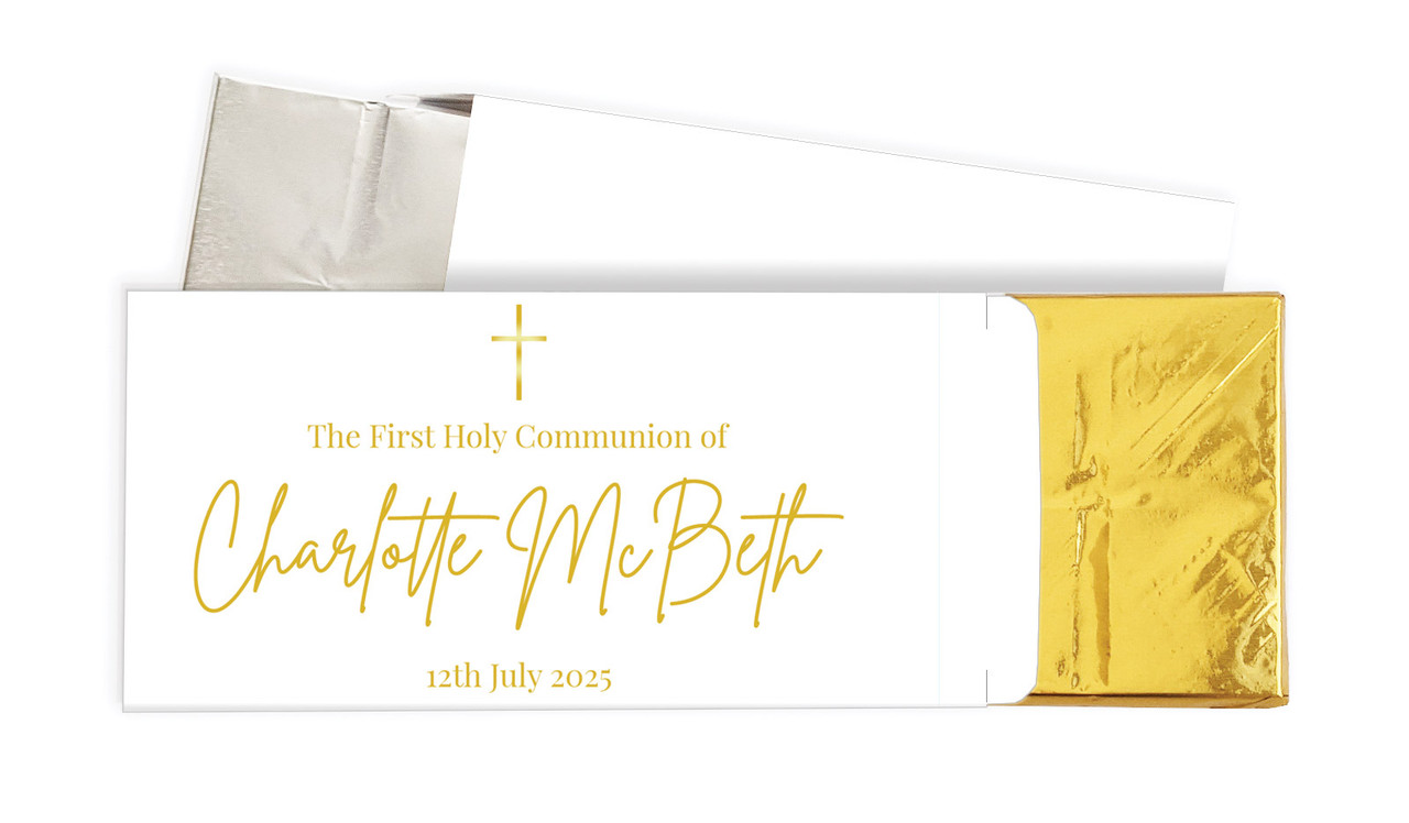 Modern White and Gold Communion Personalised Chocolate Bar In A Box