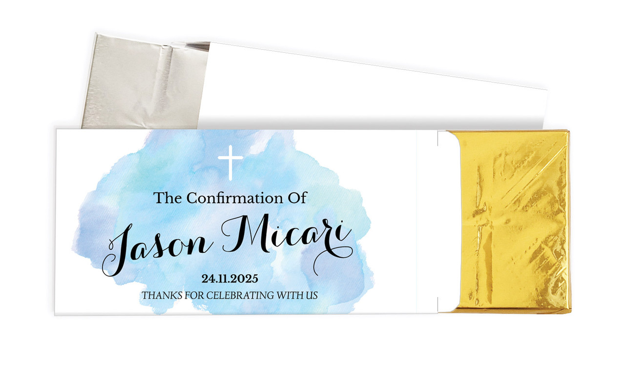 A Splash Of Watercolour Blue Confirmation Personalised Chocolate Bar In A Box