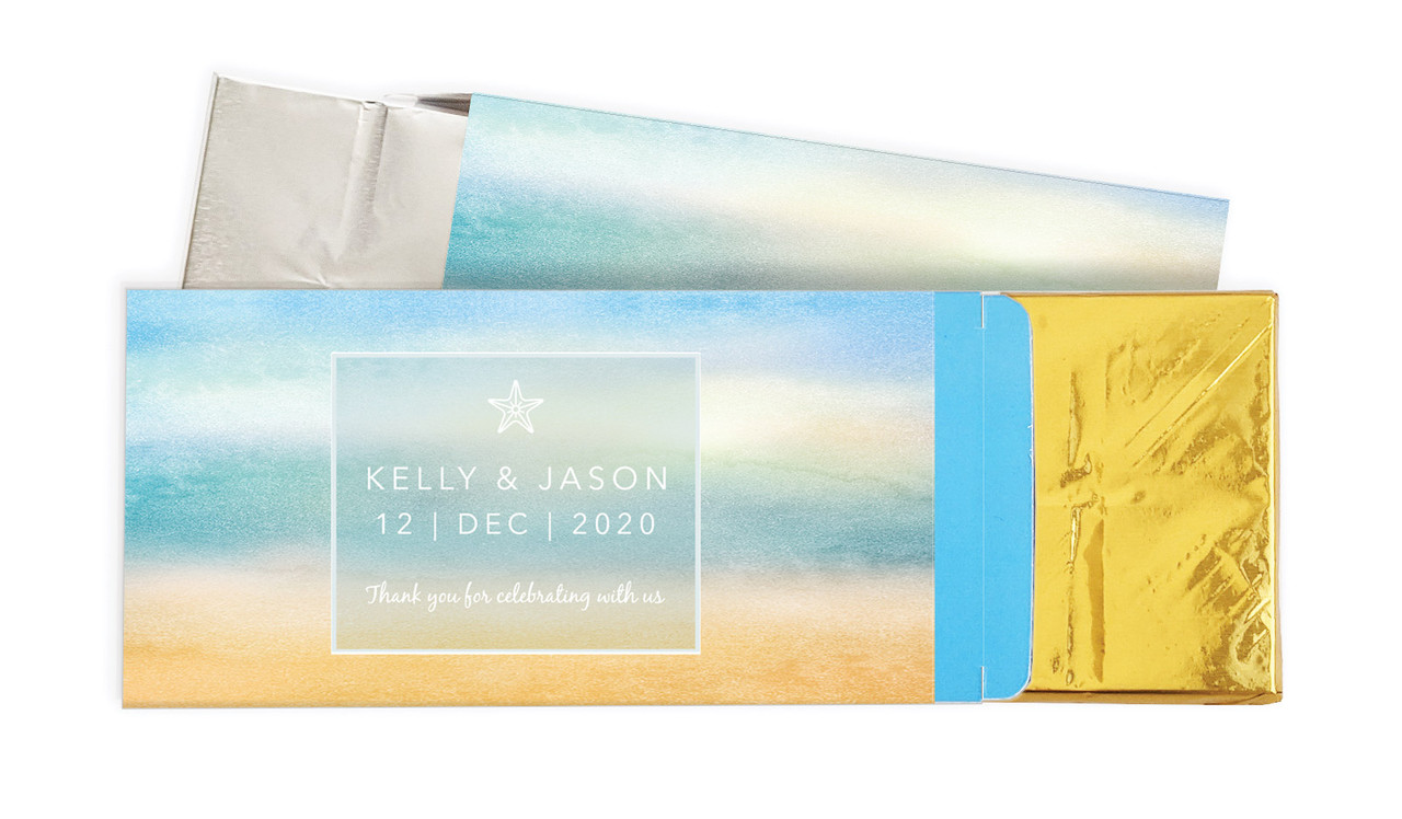 Beach Watercolour Wedding Personalised Chocolate Bar In A Box